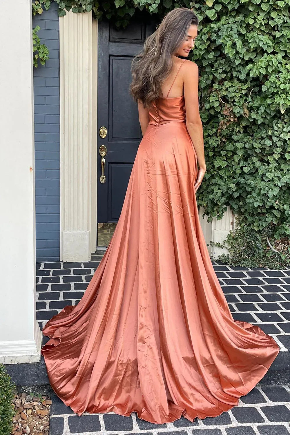 A Line Spaghetti Straps Blush Long Prom Dress with