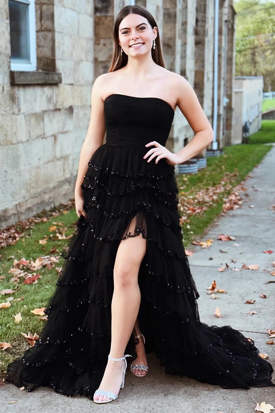 Tulle Strapless Ruffle Beaded Long Prom Dress with Slit