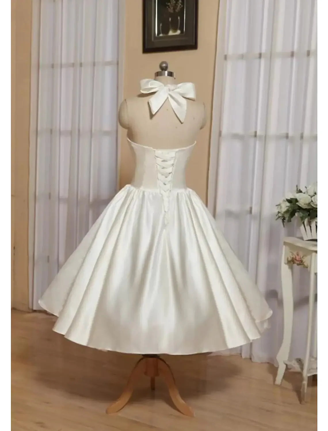 DingjiBall Gown A-Line Cocktail Dresses Minimalist Dress Engagement Tea Length Sleeveless Halter Italy Satin with Butterfly Pure Color