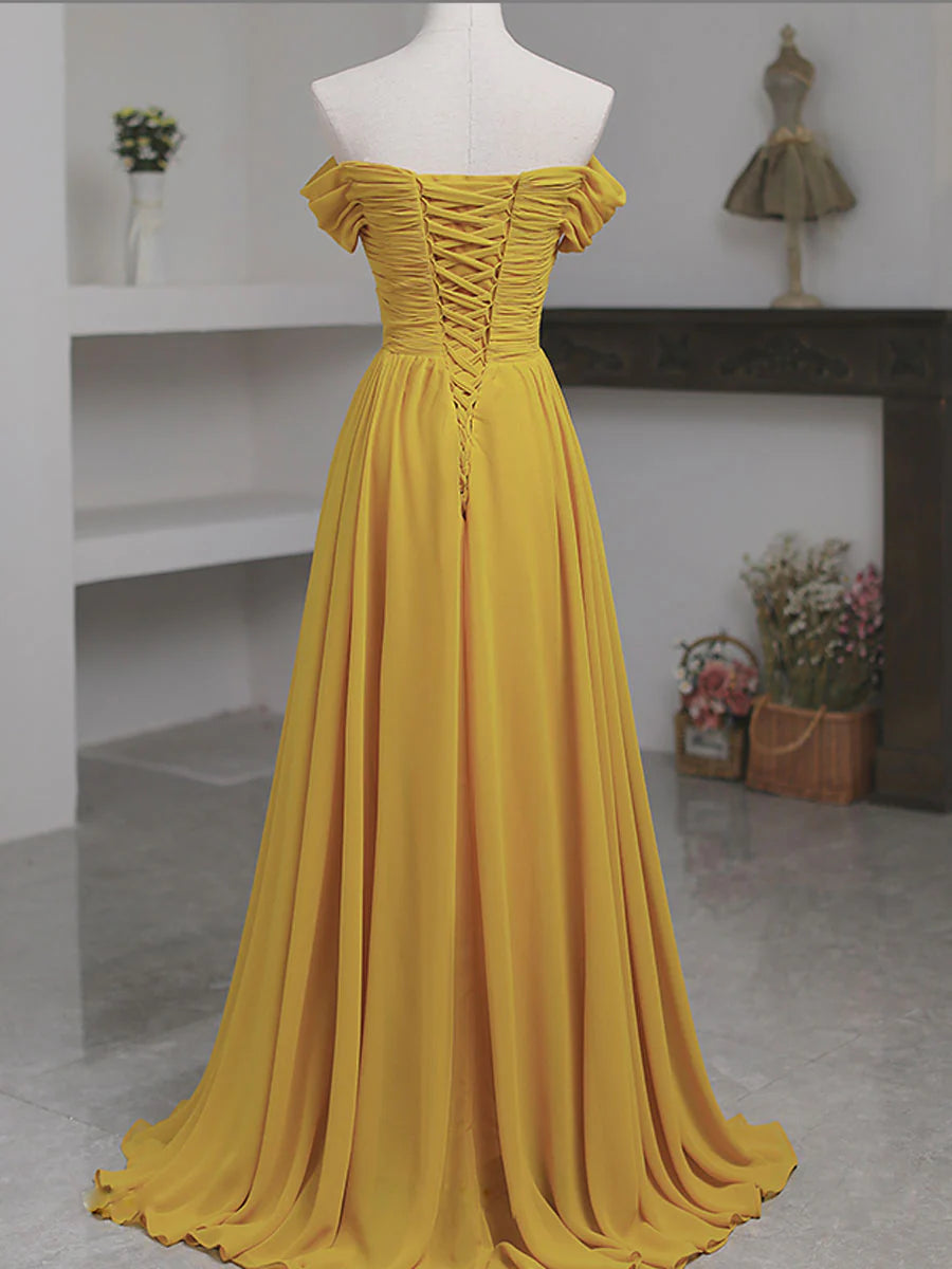 Yellow Off Shoulder Long Prom Dress Yellow Chiffon Graduation Dresses