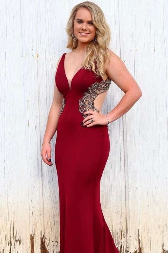 V-Neck Appliques Backless Mermaid Long Formal Dress