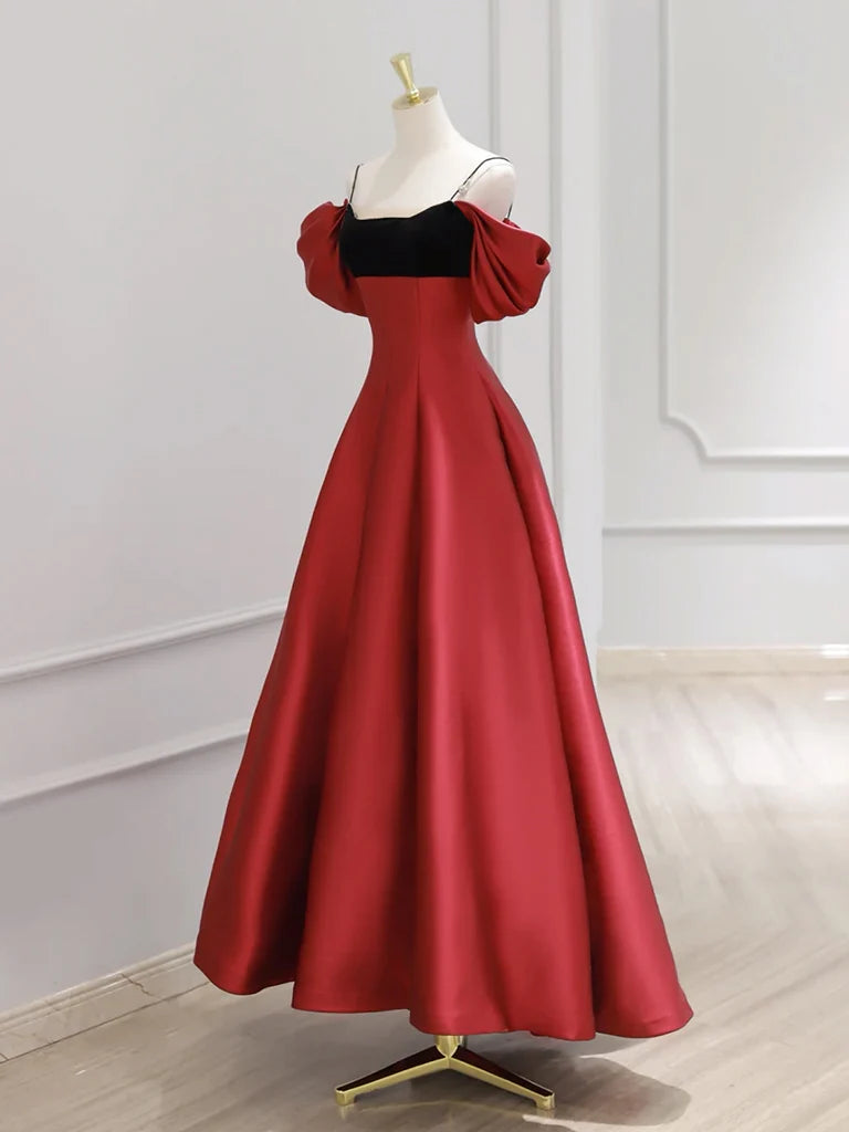 A-Line Off Shoulder Satin Dark Red Long Prom Dress