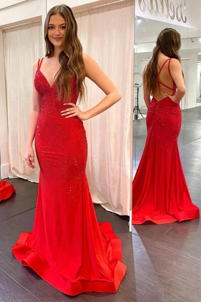 Beaded V-Neck Backless Mermaid Long Prom Gown
