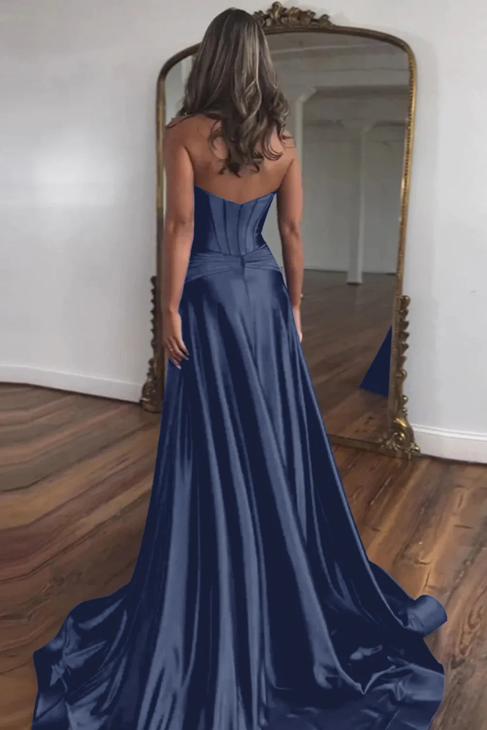 A-Line Sweetheart Blue Corset Prom Dress with Split Front