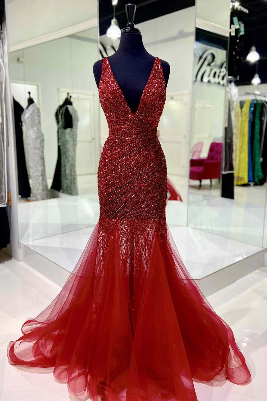 Sequin and Tulle Block V-Neck Backless Long Prom Dress