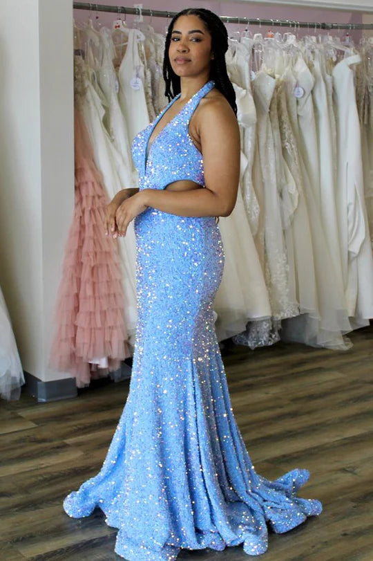 Iridescent Sequin Halter Trumpet Long Prom Dress