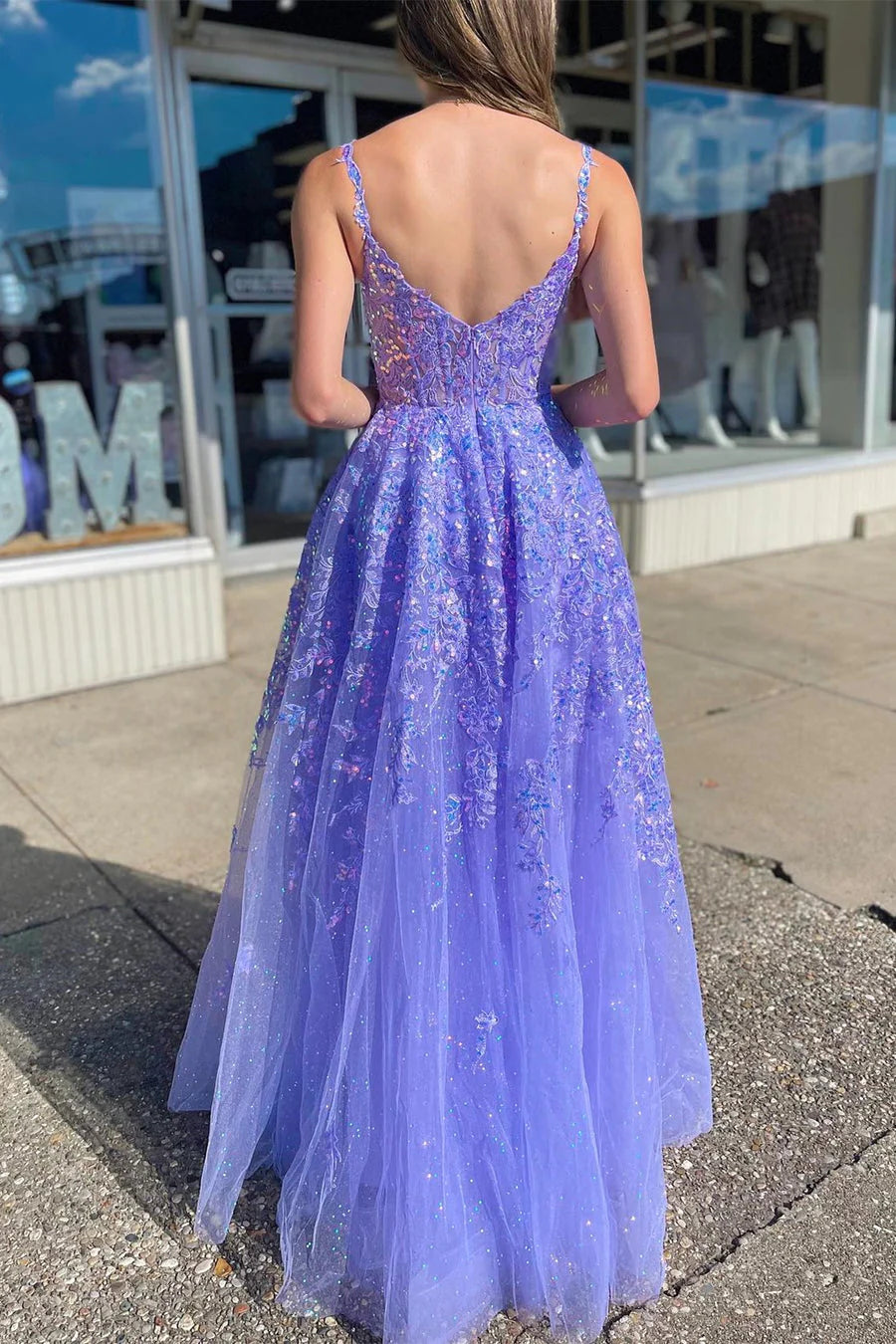 Lavender Tulle Sequin Scoop Neck A-Line Long Dress with Slit