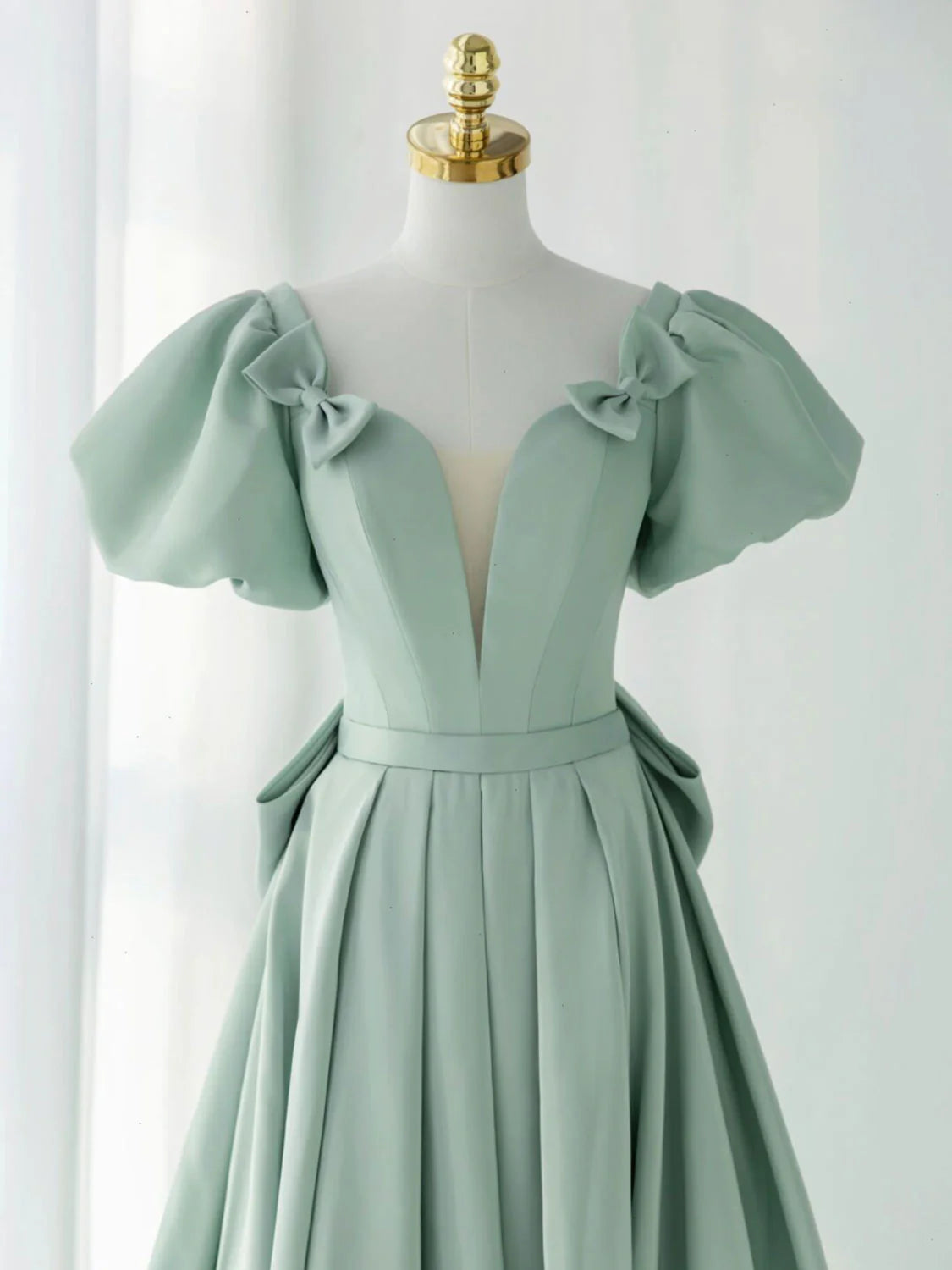 A-Line Puff Sleeves Green Long Prom Dress Green Formal Dress