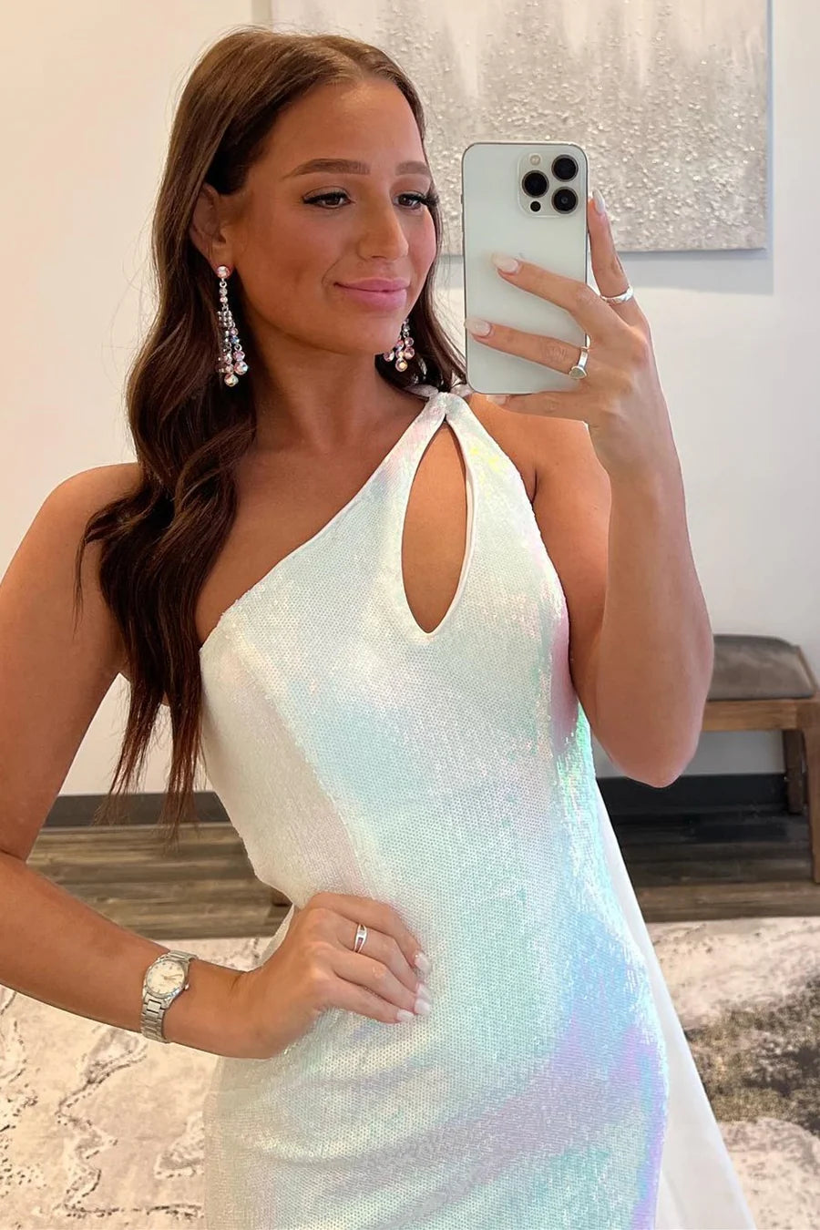 Sequins One-Shoulder Cut-Out Long Prom Dress with Scarf