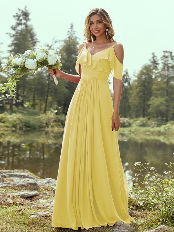 A-Line/Princess Chiffon Ruffles V-neck Sleeveless Floor-Length Bridesmaid Dresses