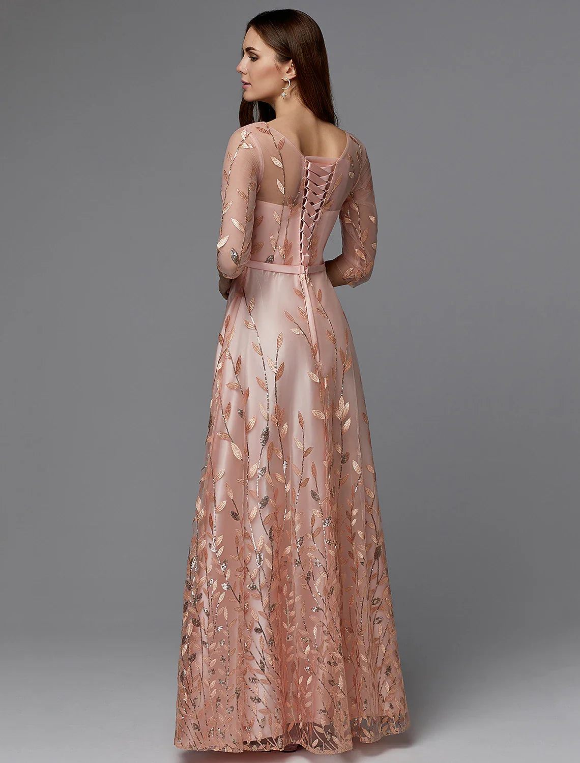 DingjiA-Line Floral Dress Valentine's Day Wedding Guest Floor Length 3/4 Length Sleeve Illusion Neck Bridesmaid Dress Lace with Pattern / Print Appliques