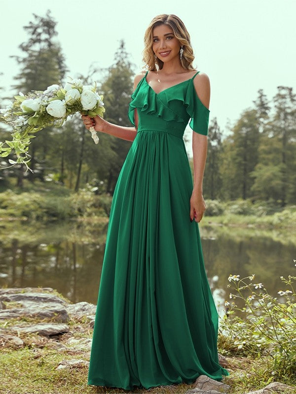 A-Line/Princess Chiffon Ruffles V-neck Sleeveless Floor-Length Bridesmaid Dresses