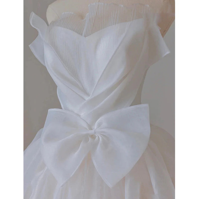 White French Strapless Wedding Gown Bow Tie Long Prom Dress