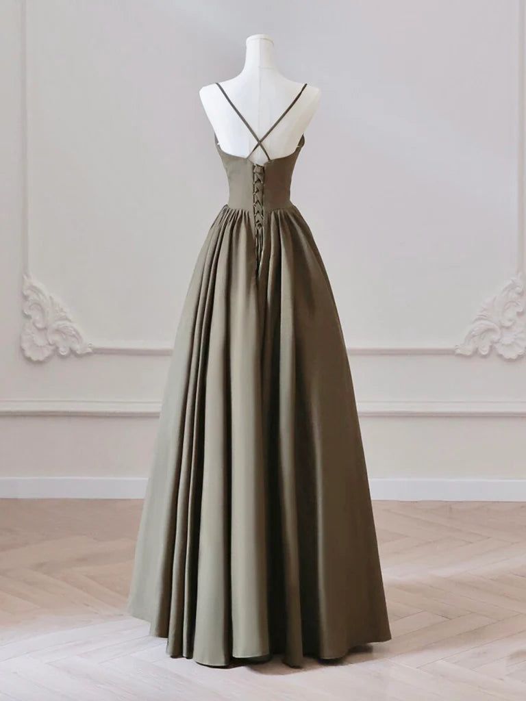 A-Line V Neck Satin Olive Green Long Prom Dress