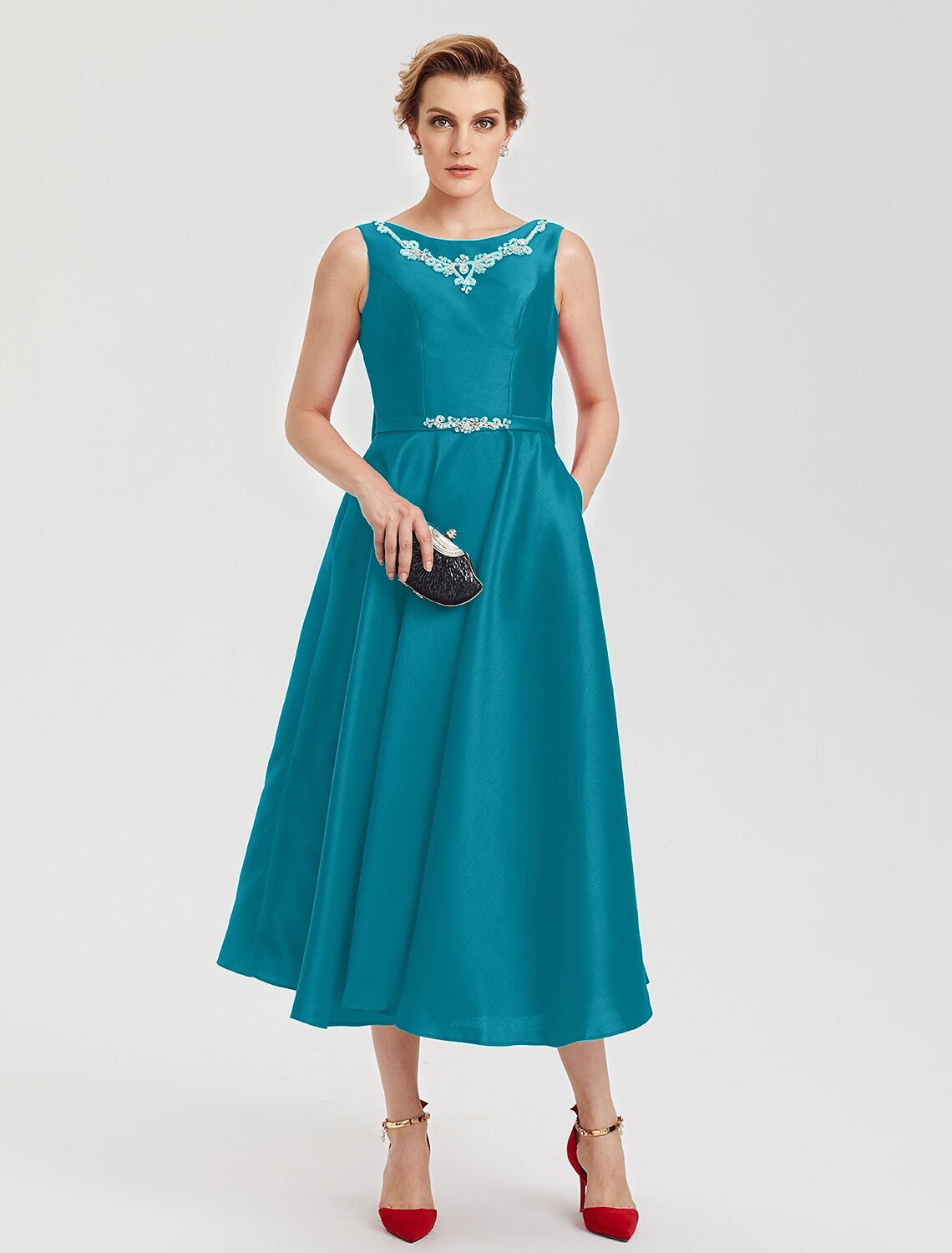 A-Line Elegant Open Back Evening Party Formal Dress Jewel Neck Sleeveless Tea Length Satin with Rhinestone Crystal Sash / Ribbon