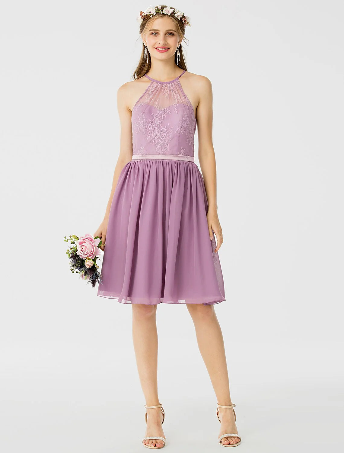 DingjiA-Line / Princess Halter Neck Knee Length Chiffon / Corded Lace Bridesmaid Dress with Sash / Ribbon / Pleats