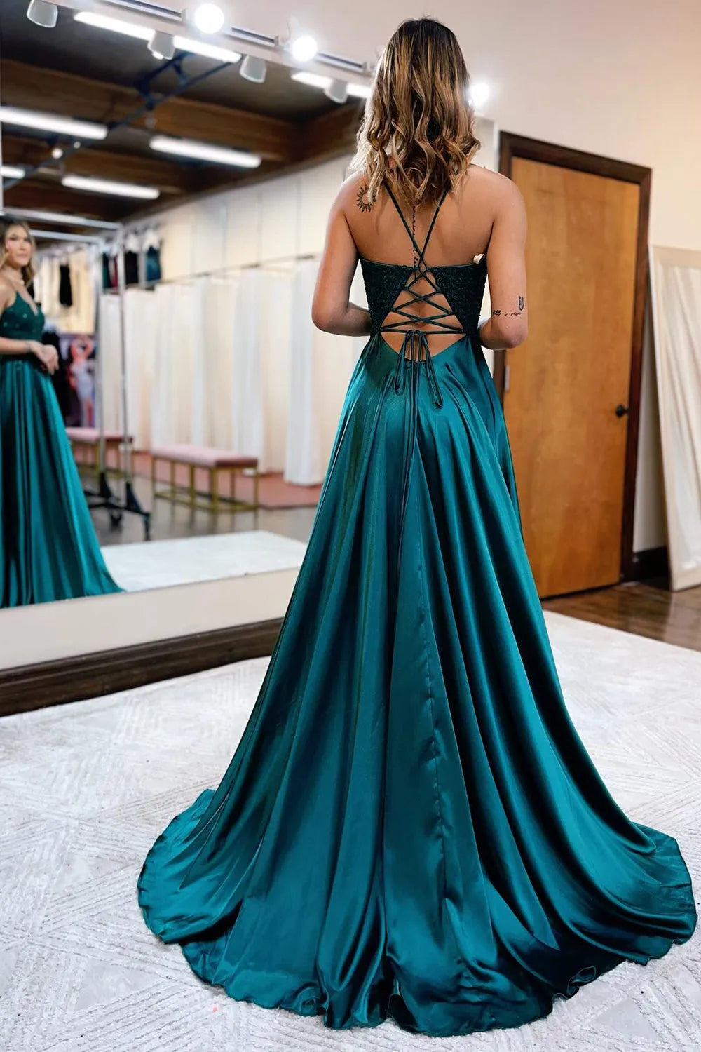 Dark Green Satin A-Line Appliques Prom Dress with