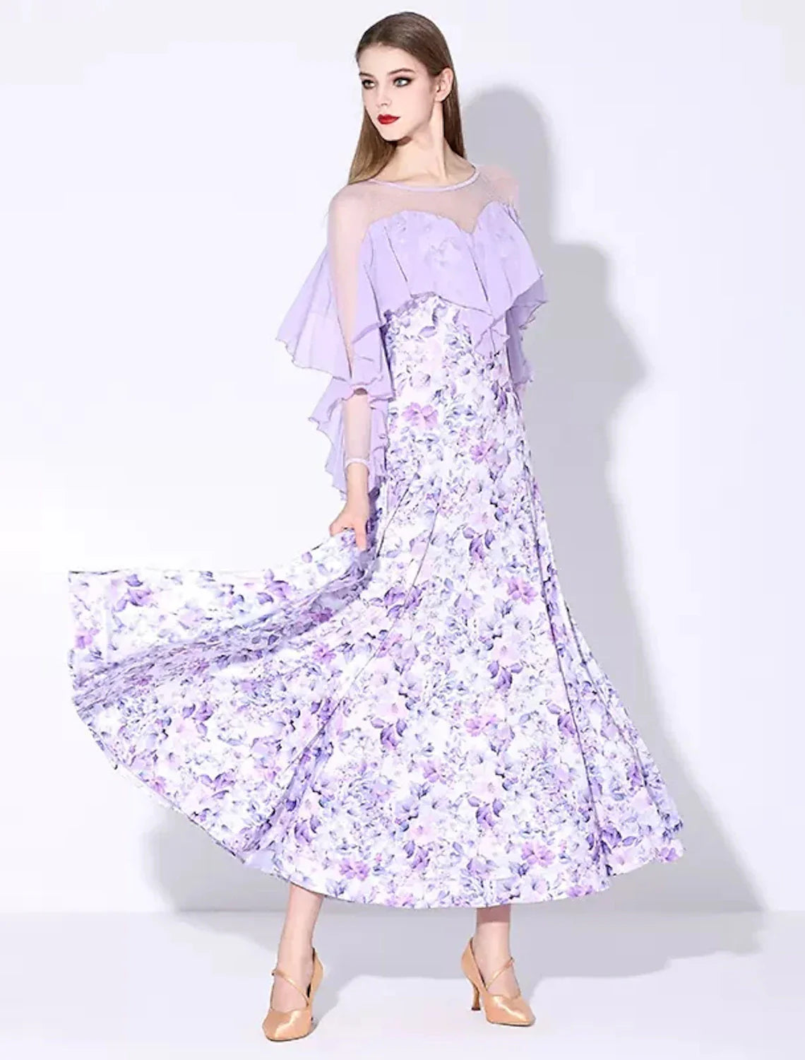 DingjiBallroom Dance Dress Printing Ruffles Women's Performance Party Long Sleeve Polyester Mesh Milk Fiber