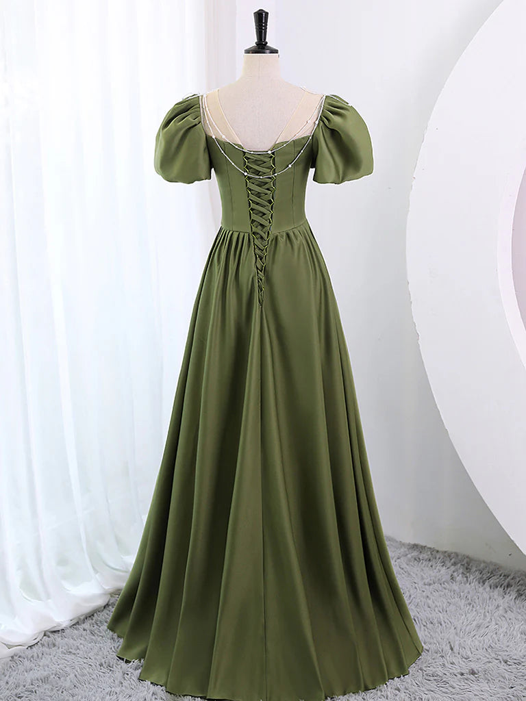A-Line Scoop Neckline Puff Sleeves Satin Long Green Prom Dress
