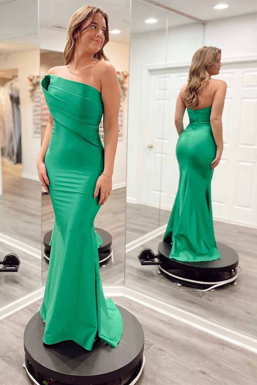 Green Strapless Ruched Mermaid Long Formal Dress