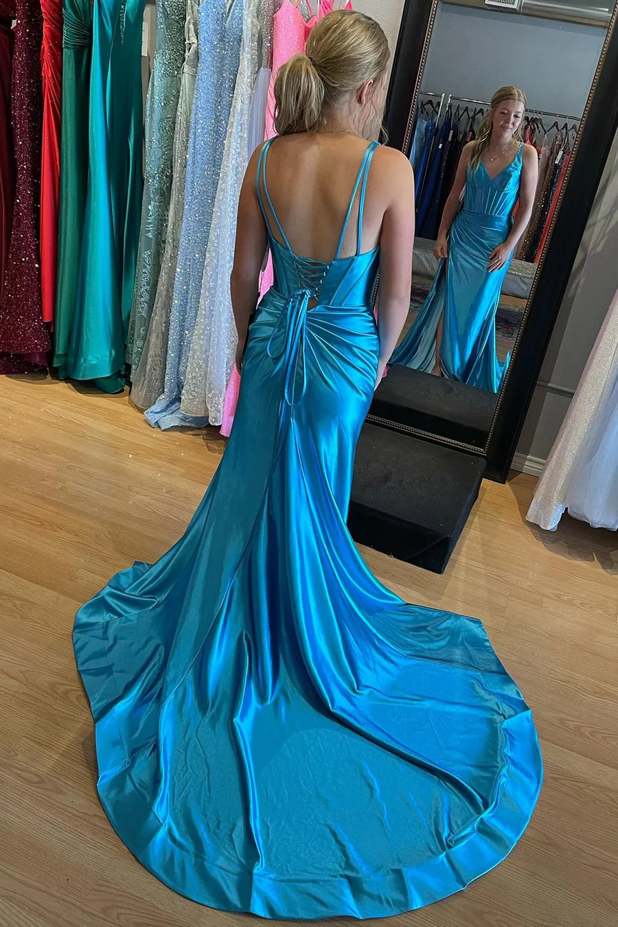 V-Neck Ruched Mermaid Long Formal Dress with Slit