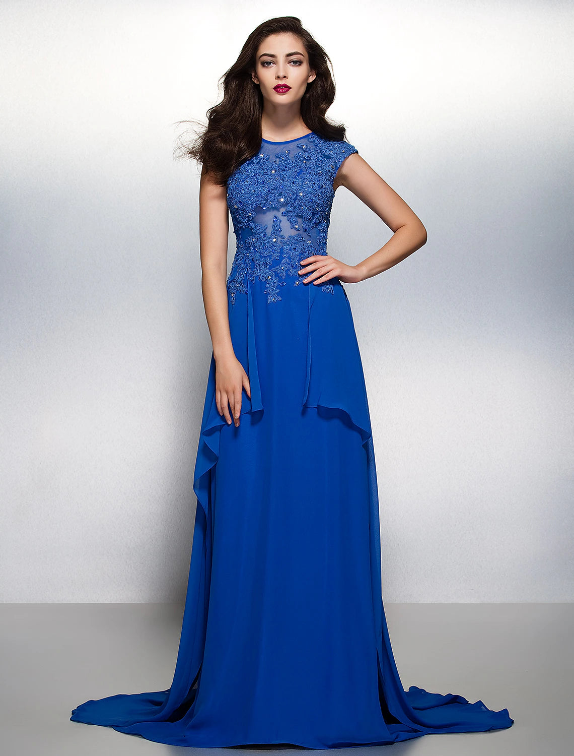 Sheath / Column Elegant Floral Formal Evening Wedding Party Dress Illusion Neck Short Sleeve Sweep / Brush Train Chiffon with Appliques