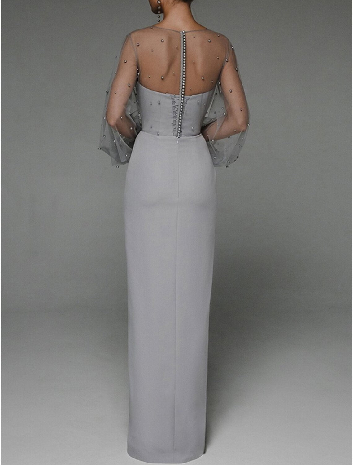 Hall Casual Wedding Dresses Sheath / Column Sweetheart Long Sleeve Floor Length Tulle Bridal Gowns With Pearls Beading