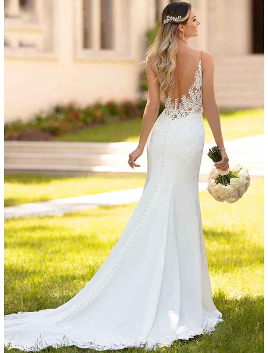 Engagement Open Back Sexy Formal Wedding Dresses Mermaid / Trumpet V Neck Sleeveless Court Train Lace Bridal Gowns With Appliques 2023 Summer Wedding Party,