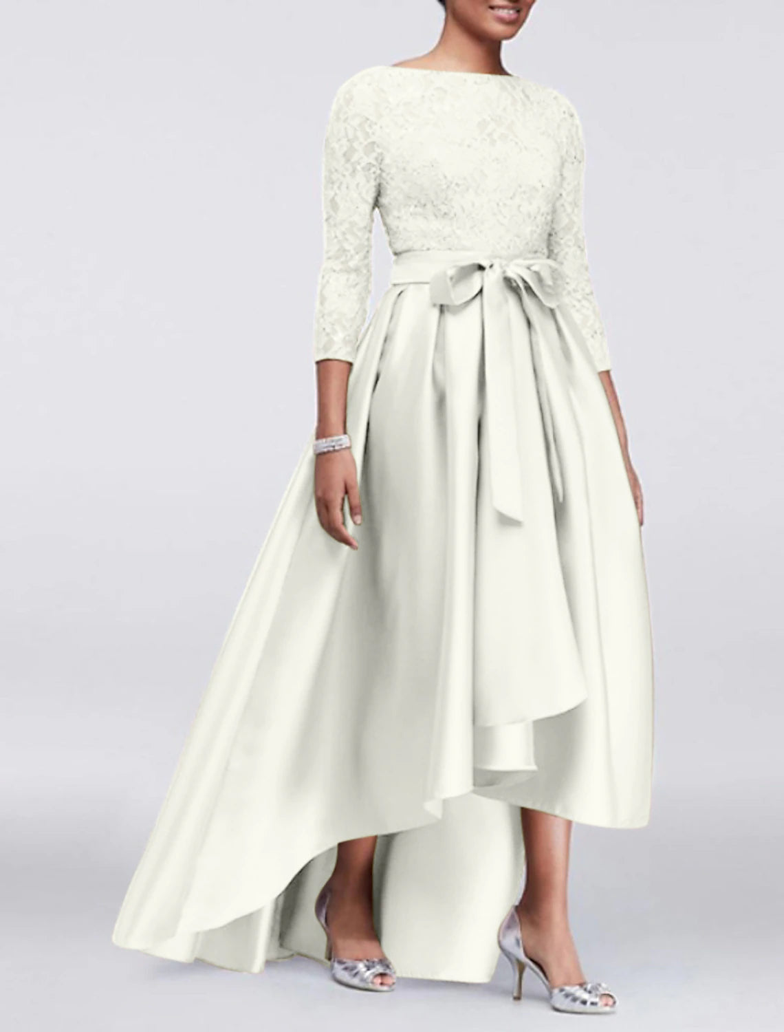 A-Line Mother of the Bride Dress Fall Wedding Guest Plus Size Elegant High Low Jewel Neck Asymmetrical Satin Lace 3/4 Length Sleeve with Sash / Ribbon Appliques