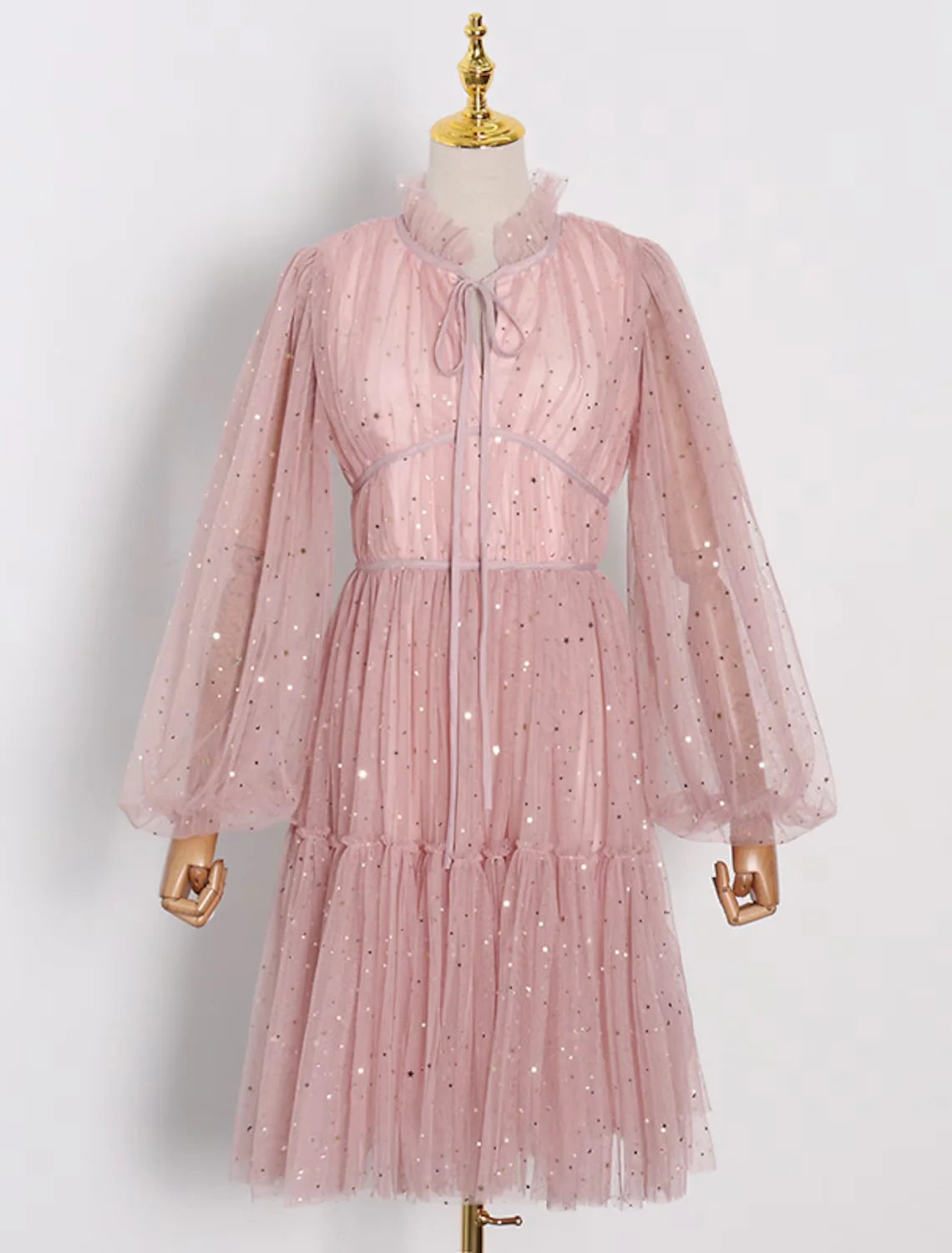 DingjiA-Line Party Dresses Glittering Dress Homecoming Knee Length Long Sleeve High Neck Tulle with Glitter