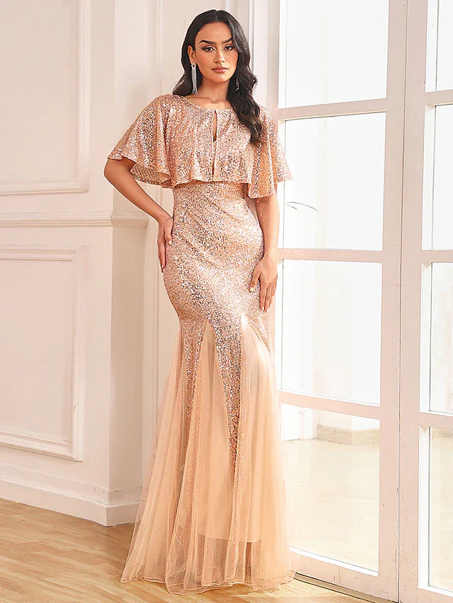 DingjiTwo Piece Mermaid / Trumpet Party Dresses Sparkle & Shine Dress Prom Floor Length Sleeveless V Neck Capes Tulle V Back with Sequin Shawl