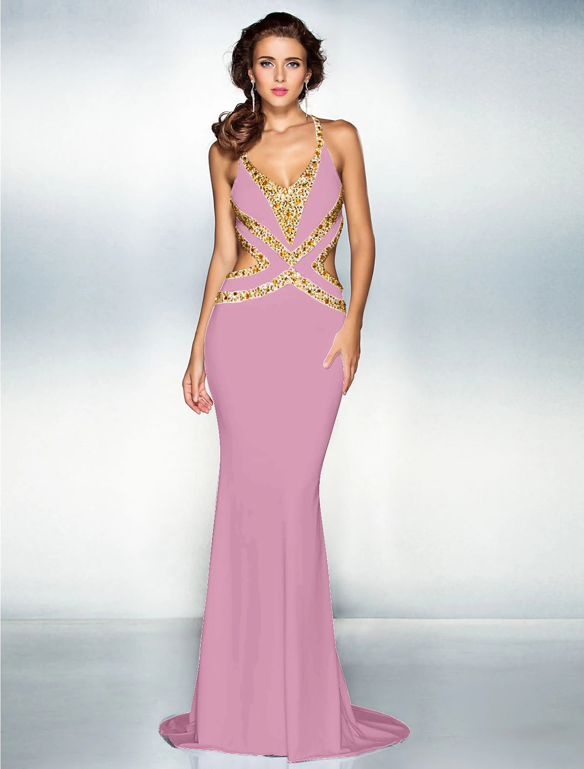 Mermaid / Trumpet Sparkle Dress Wedding Guest Engagement Sweep / Brush Train Sleeveless V Neck Jersey Crisscross Back with Crystals