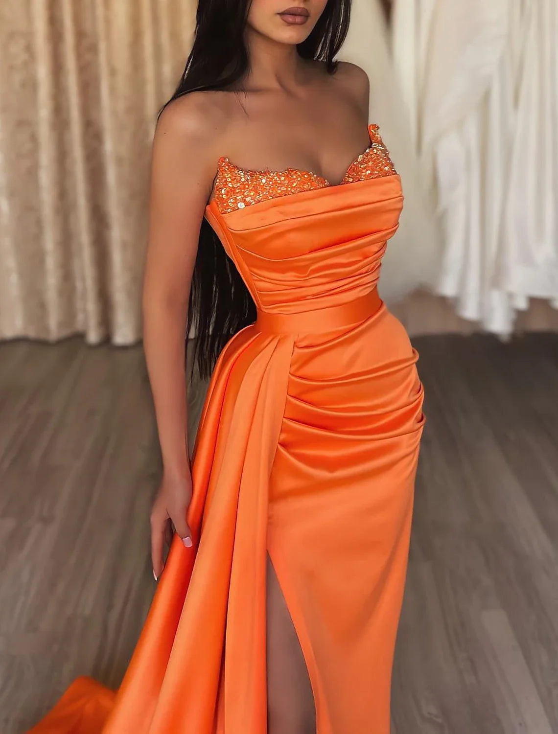 DingjiMermaid Ruched Evening Gown Satin Dress Cocktail Party Prom Court Train Sleeveless Strapless Bridesmaid Dress with Beading Sequin Pure Color
