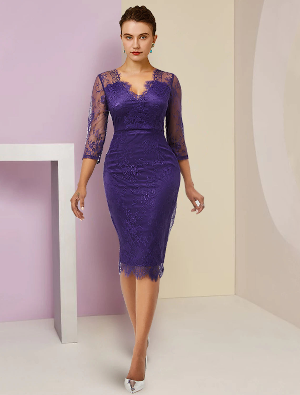 Two Piece Sheath / Column Mother of the Bride Dress Formal Fall Wedding Guest Elegant detachable V Neck Knee Length Chiffon Lace 3/4 Length Sleeve with Bow(s) 2023