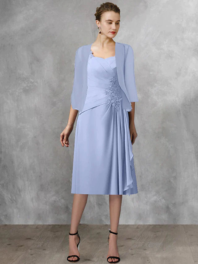 Two Piece A-Line Mother of the Bride Dress Wedding Guest Elegant Square Neck Tea Length Chiffon Lace Half Sleeve Wrap Included with Appliques Side-Draped
