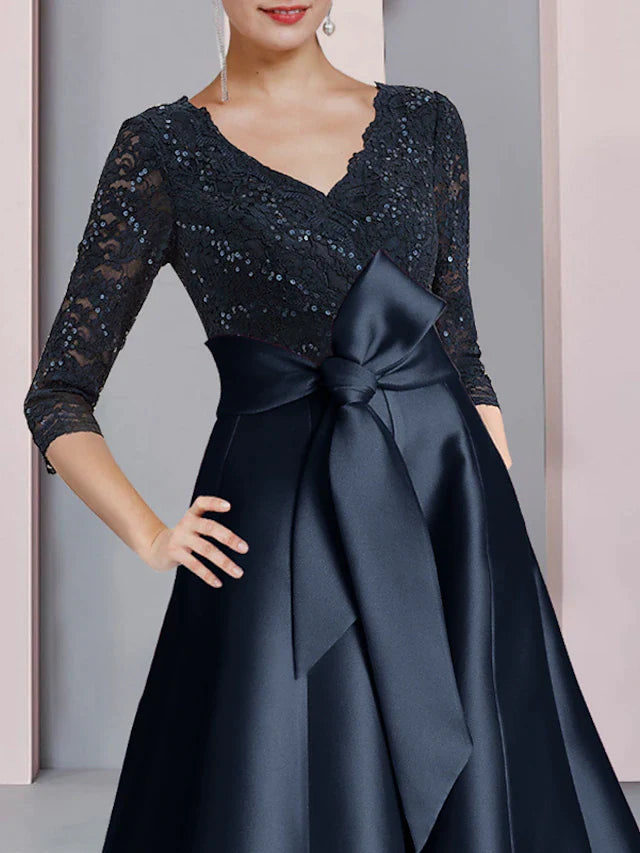 A-Line Mother of the Bride Dress Wedding Guest Vintage Elegant V Neck Tea Length Satin Lace 3/4 Length Sleeve with Bow(s) Pleats Sequin