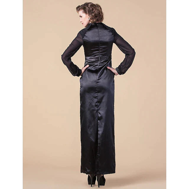 Sheath / Column Mother of the Bride Dress Queen Anne Floor Length Chiffon Stretch Satin Long Sleeve with Sash / Ribbon Beading Side Draping