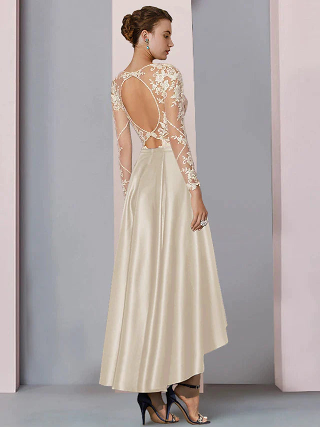 DingjiA-Line Mother of the Bride Dress Wedding Guest Elegant High Low Scoop Neck Asymmetrical Tea Length Satin Lace Long Sleeve with Pleats Beading Appliques