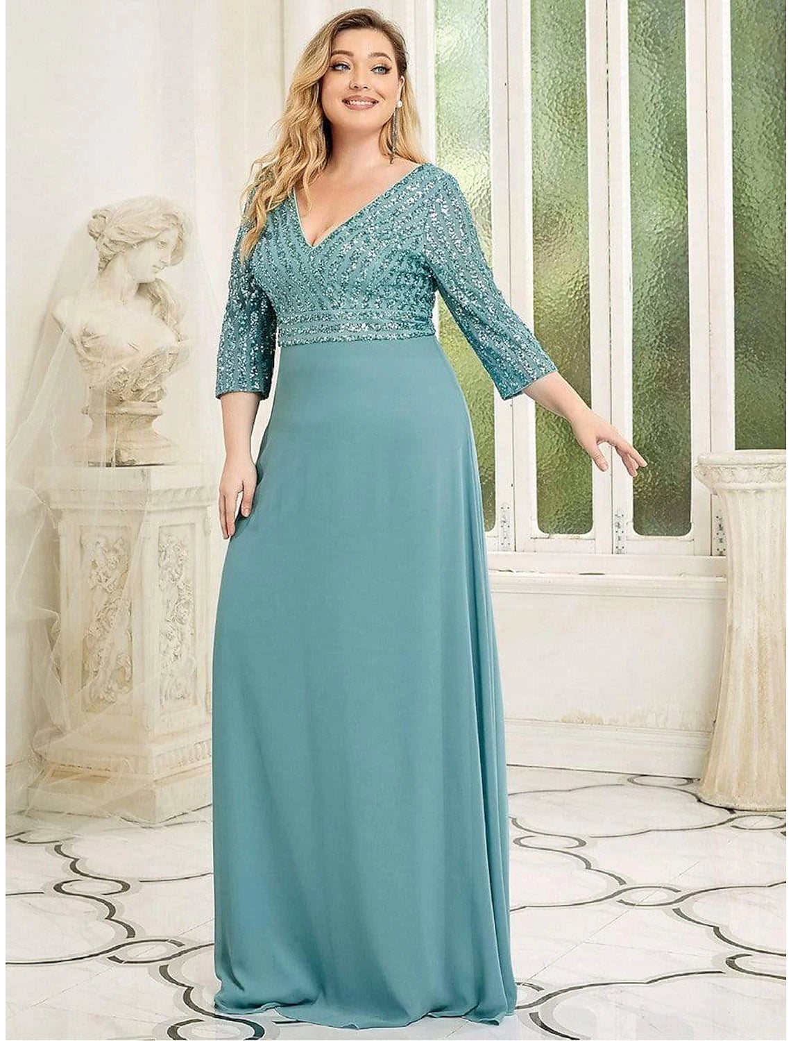 A-Line Evening Gown Plus Size Dress Wedding Guest Floor Length 3/4 Length Sleeve V Neck Chiffon V Back with Sequin