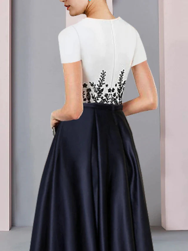 Sheath / Column Mother of the Bride Dress Formal Party Elegant Scoop Neck Asymmetrical Satin Short Sleeve with Pleats Appliques