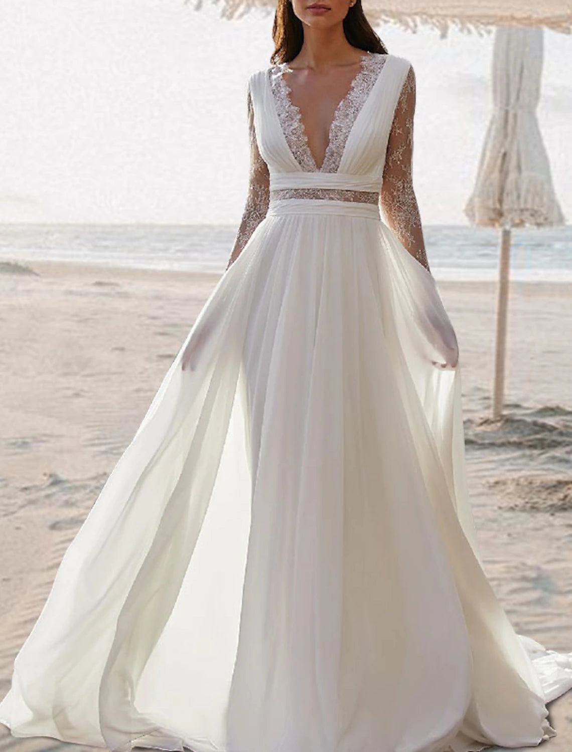 Beach Open Back Boho Wedding Dresses A-Line V Neck Sleeveless Floor Length Chiffon Bridal Gowns With Pleats Summer Fall Wedding Party , Women's Clothing