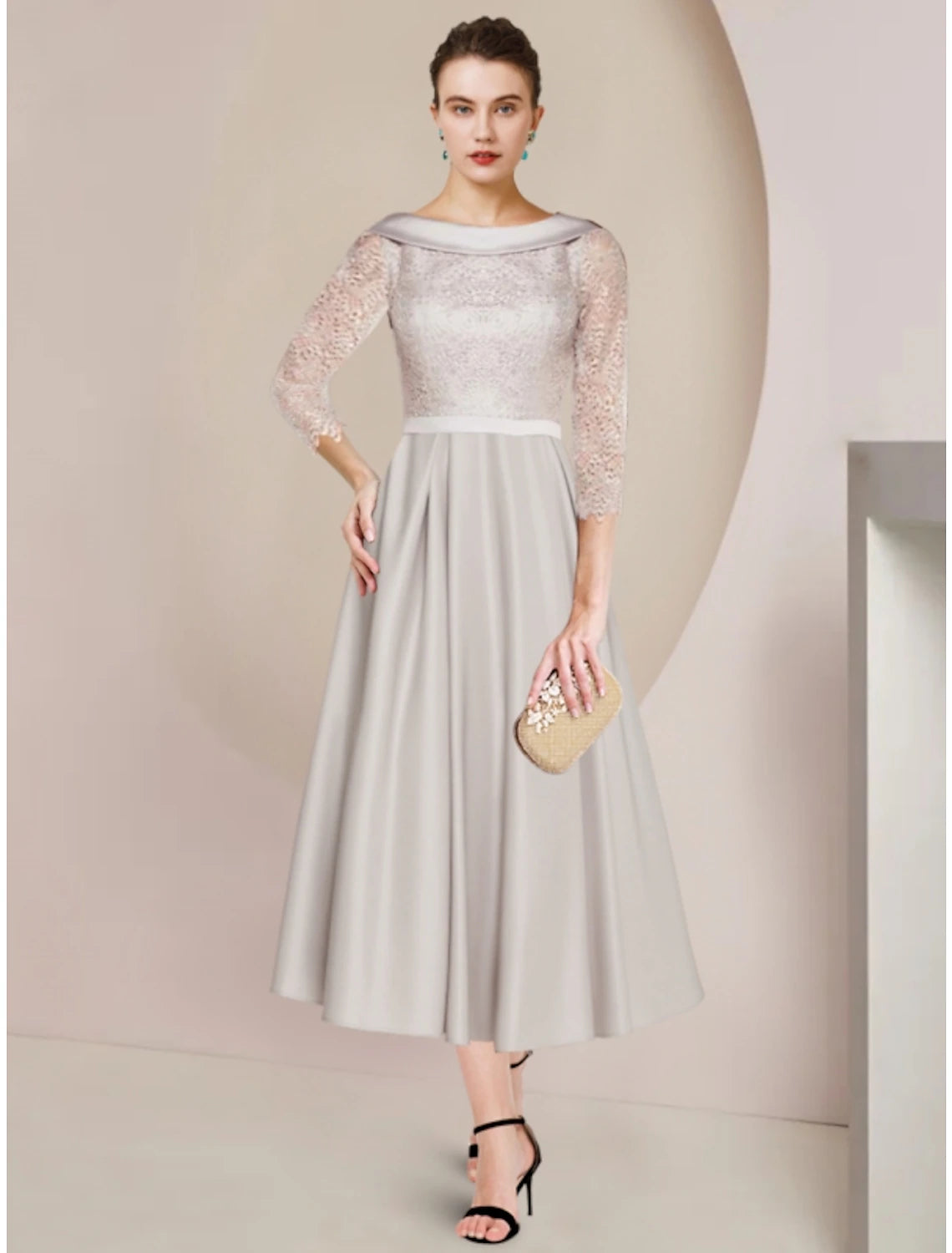 Sheath / Column Mother of the Bride Dress Wedding Guest Minimalist Elegant Scoop Neck Tea Length Satin Lace Half Sleeve with Ruching 2023