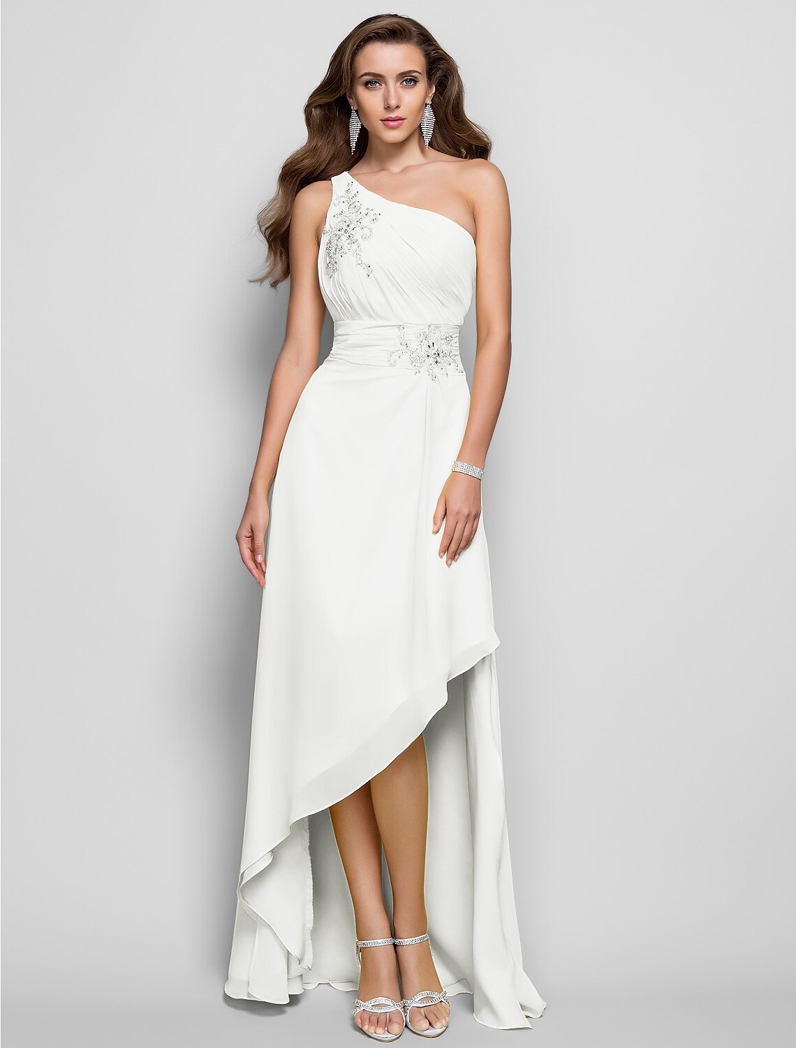 Sheath / Column Elegant Dress Wedding Guest Cocktail Party Asymmetrical Sleeveless One Shoulder Bridesmaid Dress Chiffon with Beading Slit Appliques