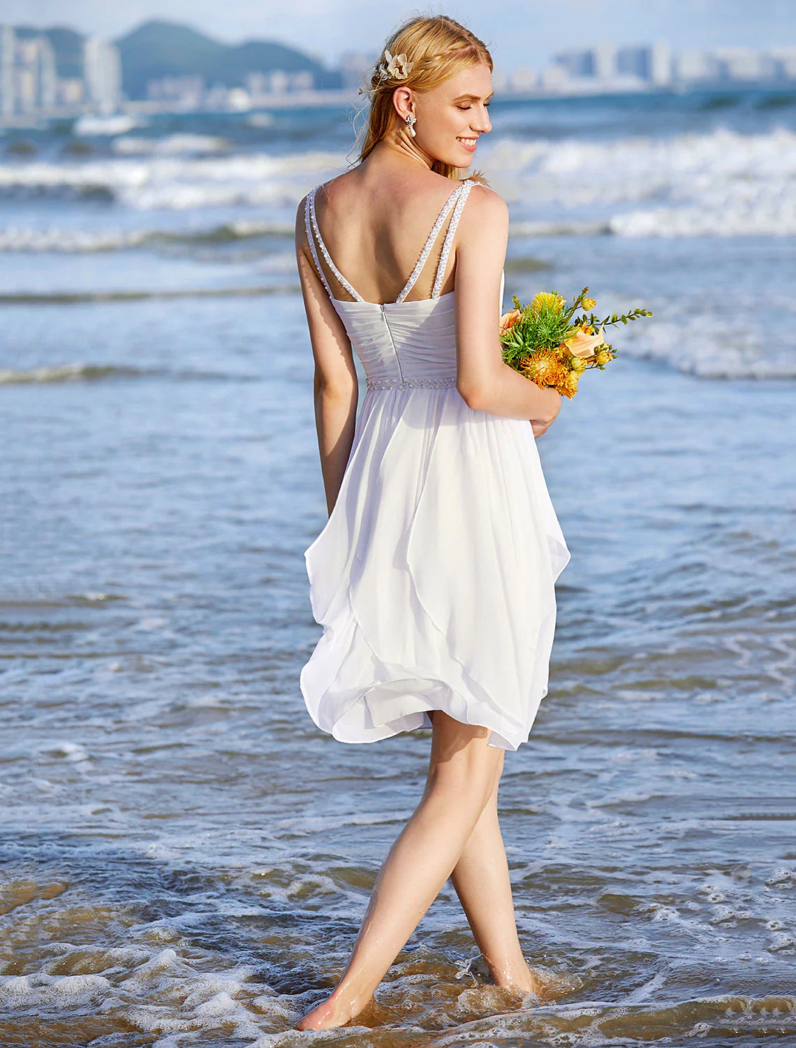 Wedding Dresses A-Line Sweetheart Regular Straps Knee Length Chiffon Bridal Gowns With Sash / Ribbon Ruched