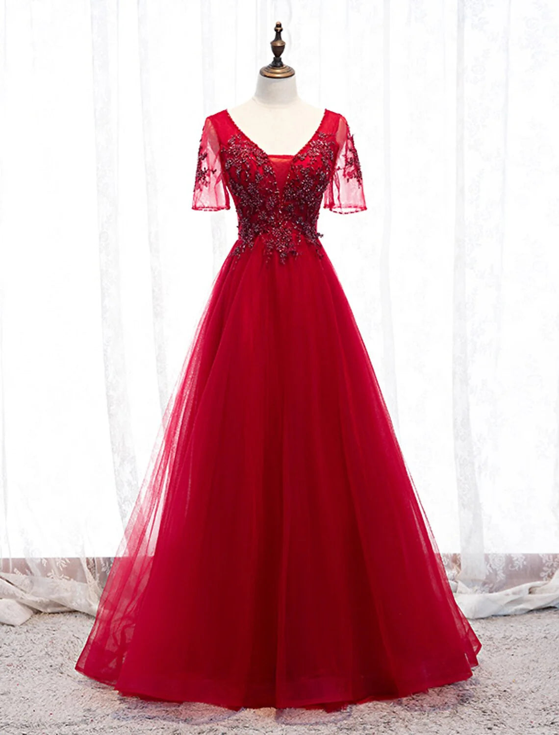 DingjiA-Line Prom Dresses Luxurious Dress Wedding Guest Formal Evening Floor Length Short Sleeve Spaghetti Strap Tulle with Beading Appliques