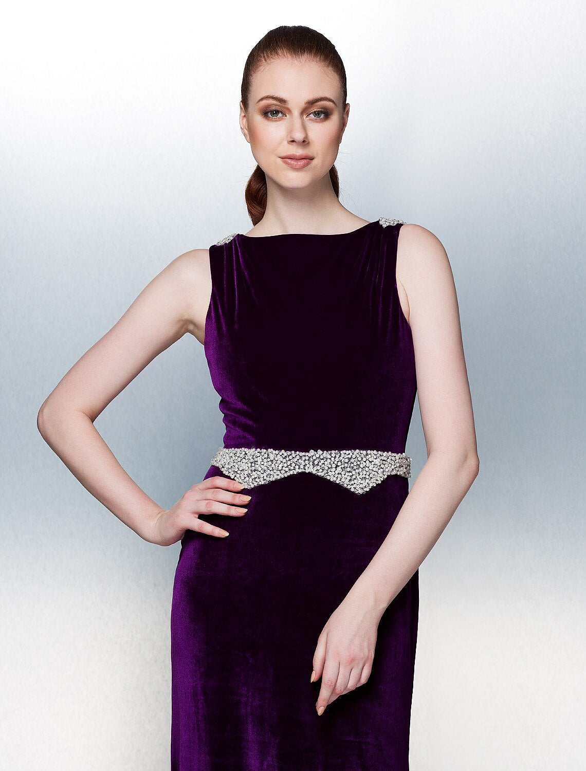 A-Line Open Back Formal Evening Dress Bateau Neck Sleeveless Court Train Velvet with Sash / Ribbon Pearls Beading