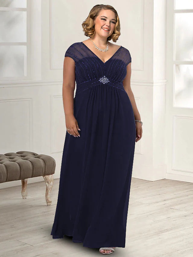 DingjiSheath / Column Mother of the Bride Dress Plus Size Elegant V Neck Floor Length Chiffon Sleeveless with Beading Crystal Brooch