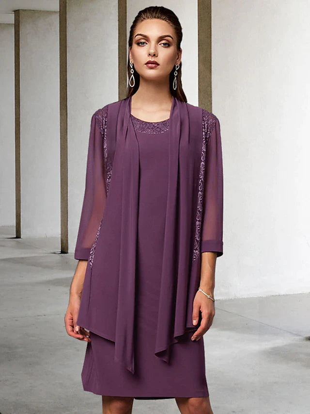 Two Piece Sheath / Column Mother of the Bride Dress Elegant Jewel Neck Knee Length Chiffon Lace Sleeveless Jacket Dresses with Solid Color