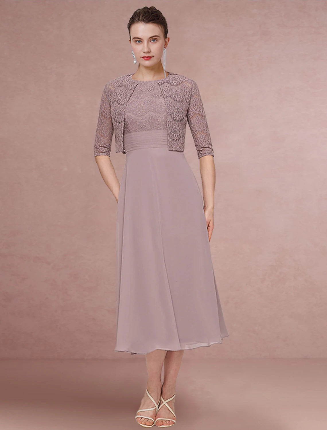 Two Piece Mother of the Bride Dress Wedding Guest Elegant Jewel Neck Tea Length Chiffon Lace Half Sleeve with Solid Color