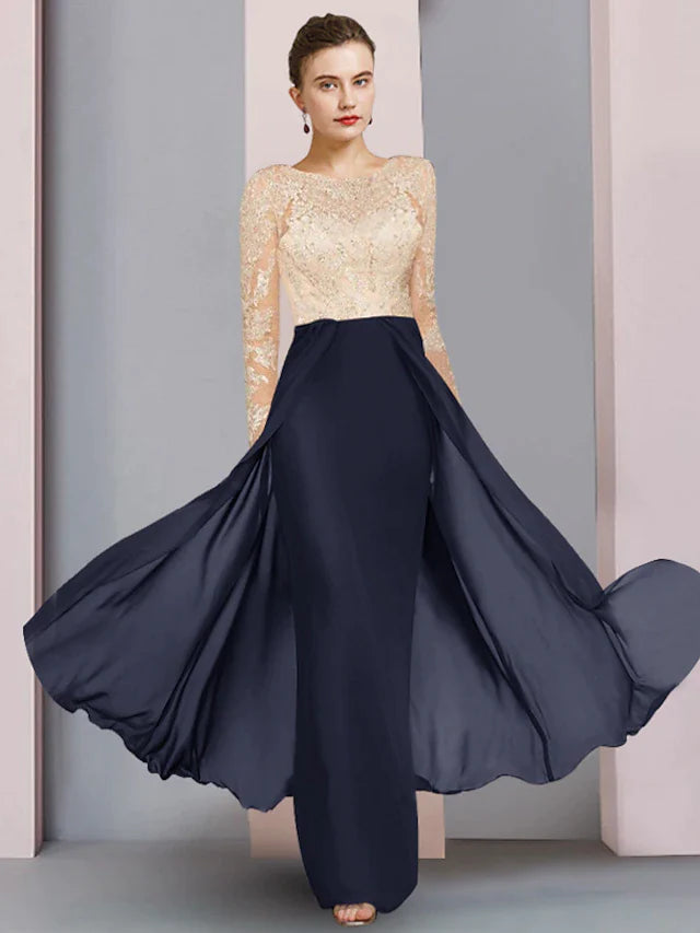 DingjiSheath / Column Mother of the Bride Dress Wedding Guest Party Open Back Scoop Neck Floor Length Chiffon Lace Long Sleeve with Pleats Color Block